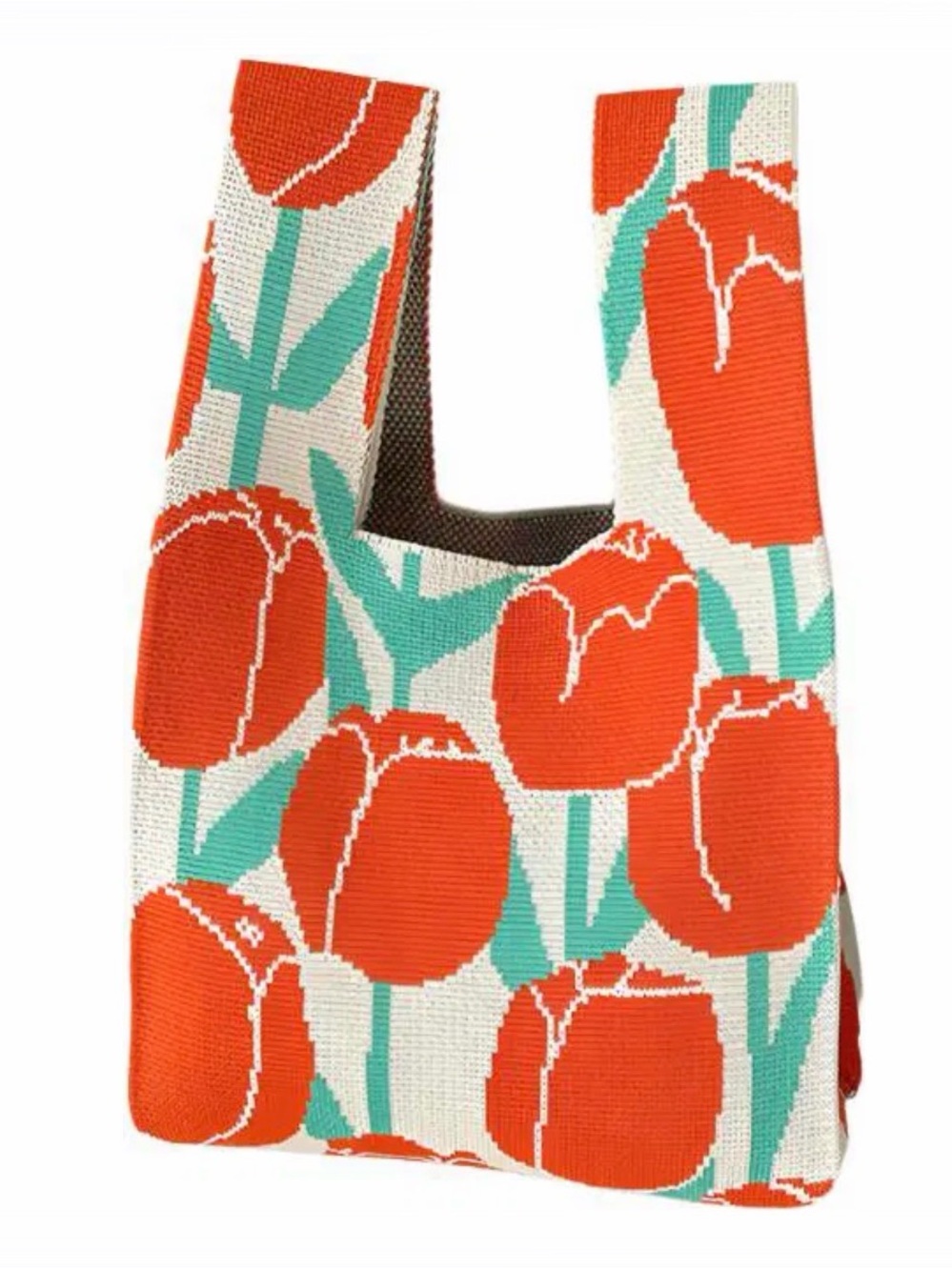 Tulip Print Knit Tote Bag - Orange & Cream